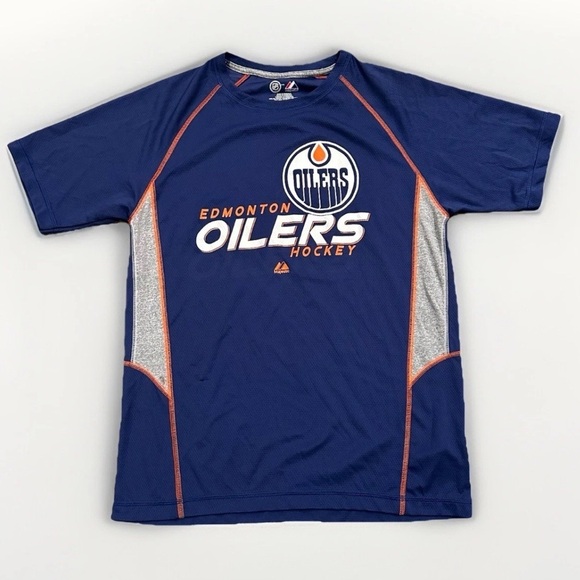 Majestic Jersey Edmonton Oilers Hockey Tee T Shirt Men’s Medium Blue Colorblock - Picture 1 of 8